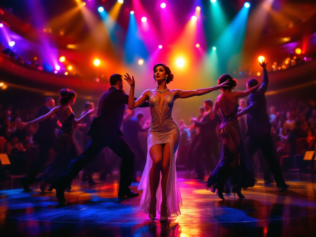 Ballroom dance number under coloured stage lights